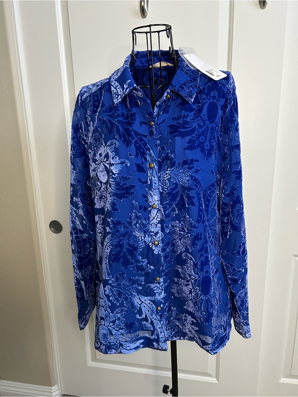 Soft Surroundings Royal Blue Velvet Burnout Button-Front Shirt